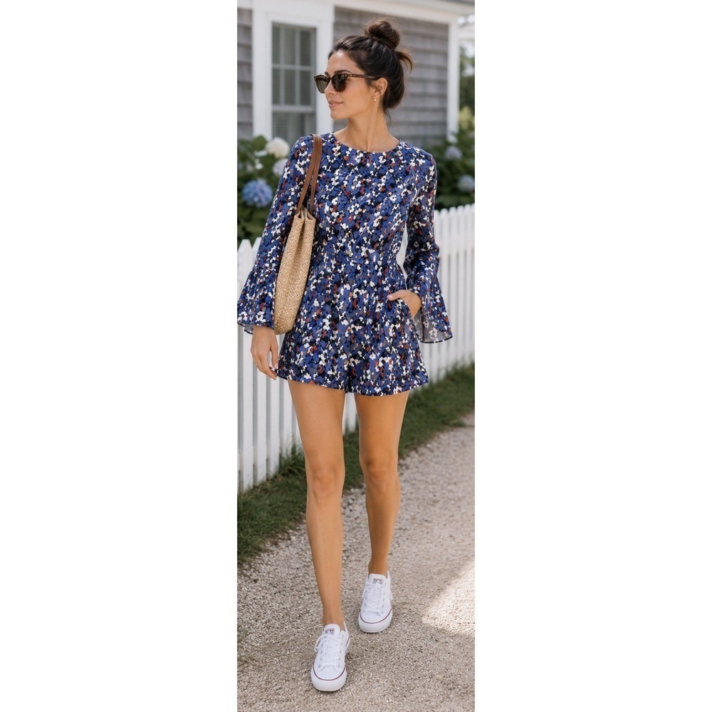 Glamorous Nordstrom Floral Long Kimono Bell Sleeve Romper S Boho Festival Retro